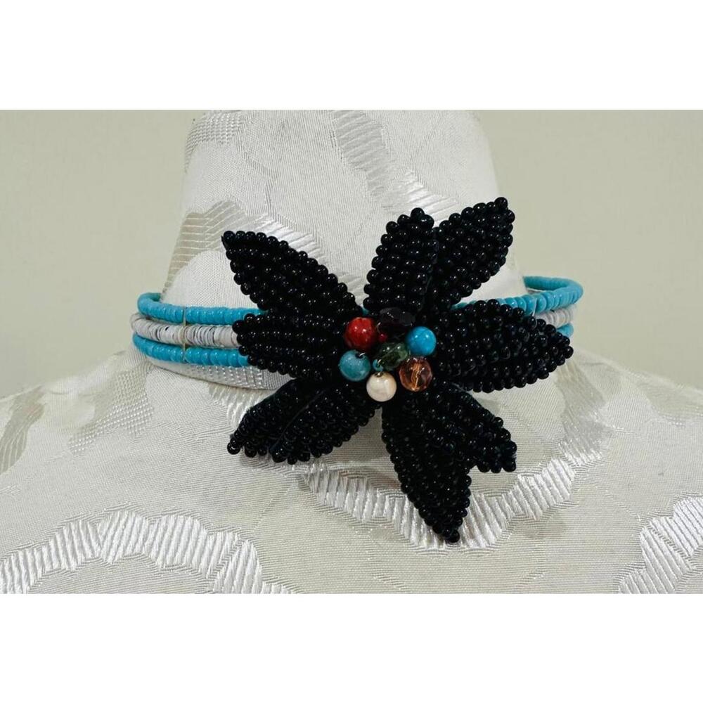 Black Beaded Flower Headband w Turquoise and Beige Beaded Band